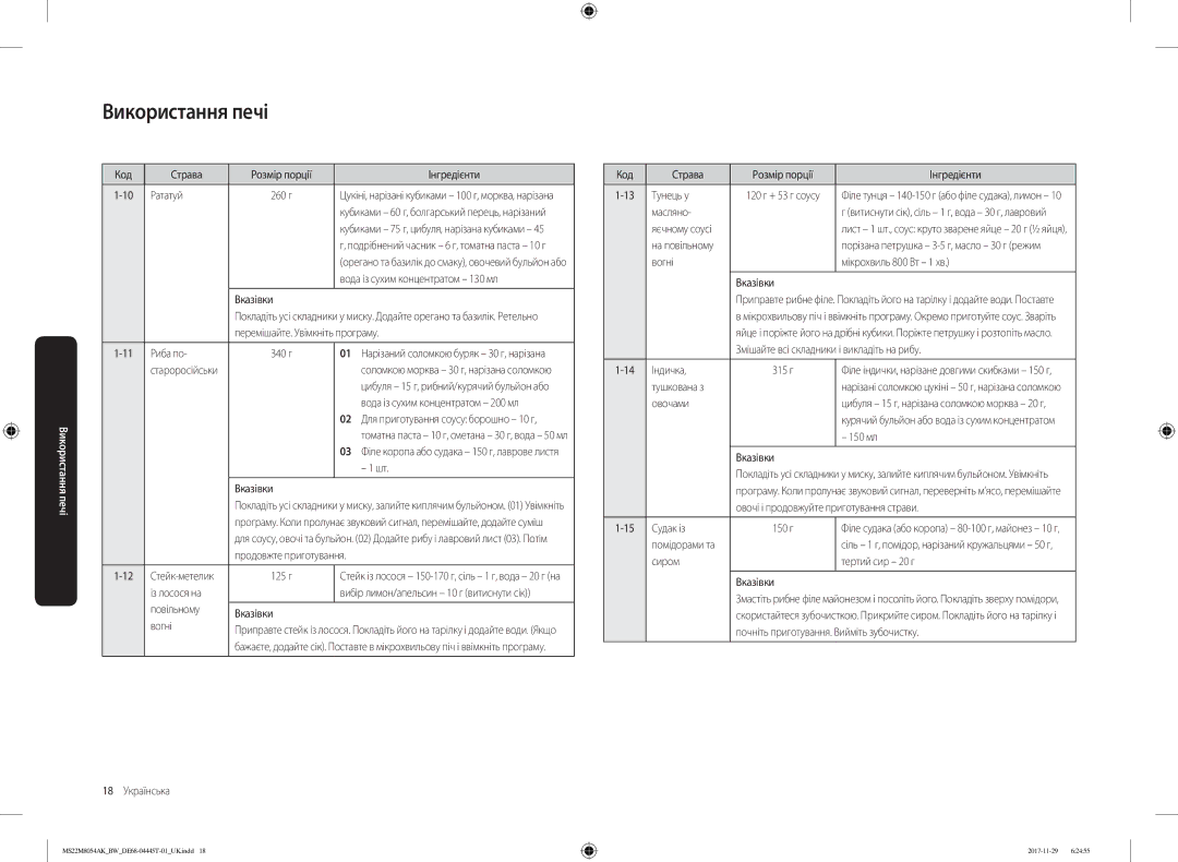 Samsung MS22M8054AK/BW manual Код Страва Розмір порції Інгредієнти Рататуй, Вода із сухим концентратом 130 мл, Із лосося на 