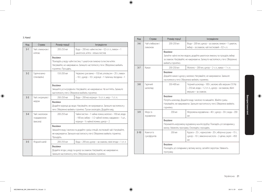 Samsung MS22M8054AW/BW Напої Код Страва Розмір порції Інгредієнти, ’ятою Шматочок, м’ята кілька листків Вказівки, Гарячий 