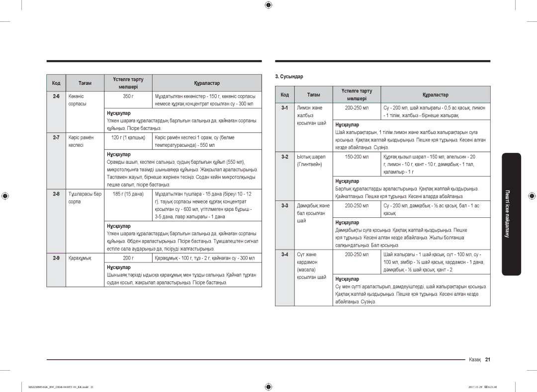 Samsung MS22M8054AW/BW, MS22M8054AK/BW manual Сусындар Код Тағам Үстелге тарту Құраластар 