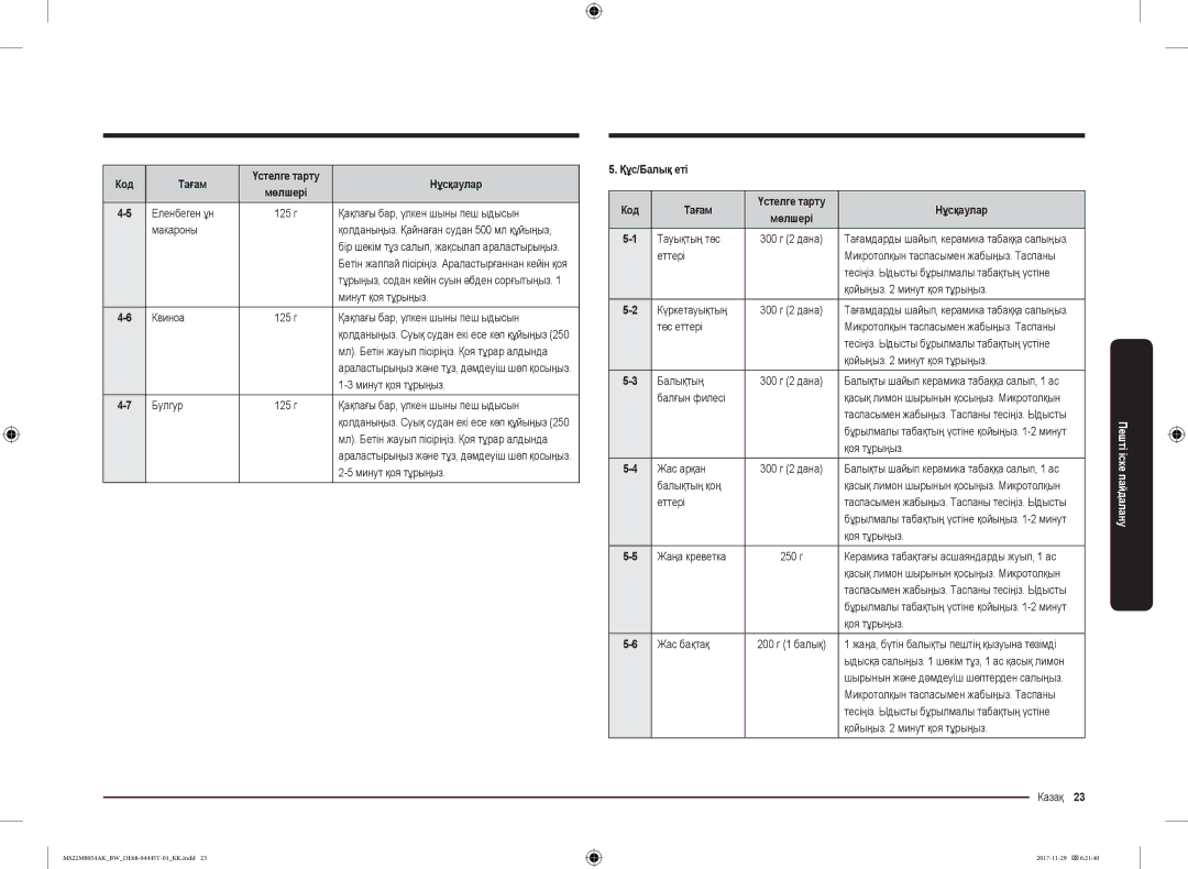 Samsung MS22M8054AW/BW, MS22M8054AK/BW manual Құс/Балық еті Код Тағам 