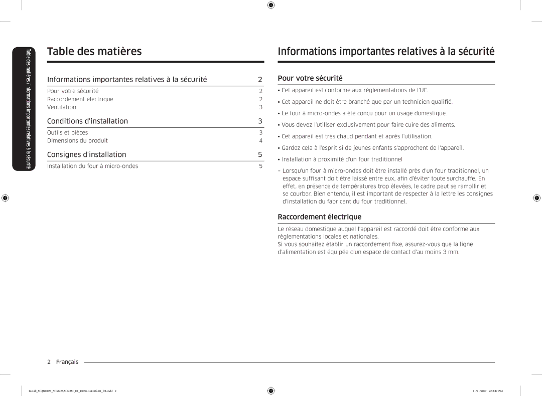 Samsung MG22M8054AK/EF, MS22M8054AK/EF, MG22M8074AT/EF Table des matières, Informations importantes relatives à la sécurité 