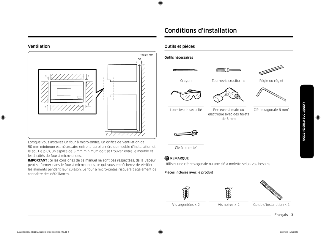 Samsung MS22M8074AT/EF, MS22M8054AK/EF, MG22M8074AT/EF manual Conditions dinstallation, Ventilation Outils et pièces 