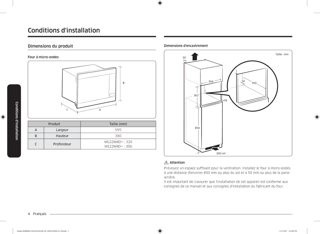 Samsung MS22M8054AK/EF, MG22M8074AT/EF, MG22M8054AK/EF, MS22M8074AT/EF manual Dimensions du produit 