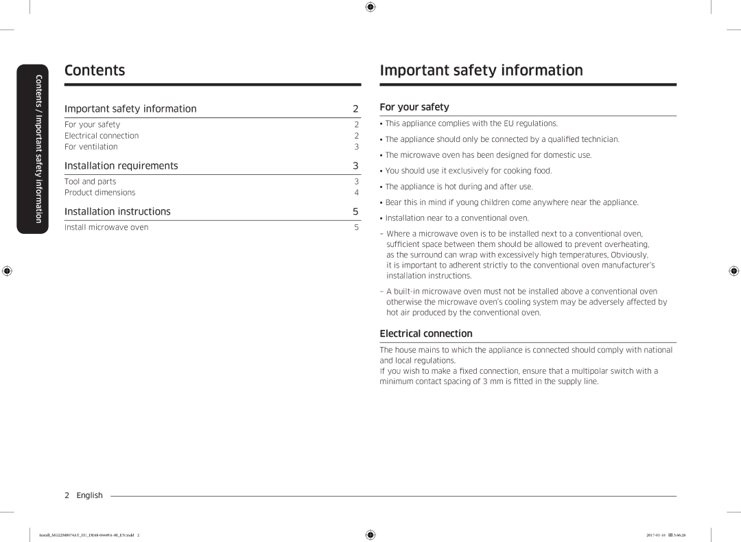 Samsung MS22M8054AK/EF, MS22M8074AT/EF manual Contents, Important safety information 