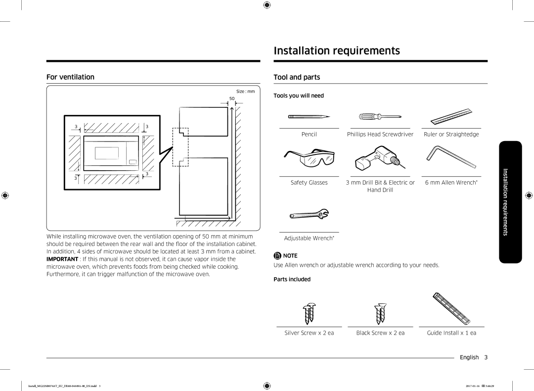 Samsung MS22M8074AT/EF, MS22M8054AK/EF manual Installation requirements, For ventilation, Tool and parts 