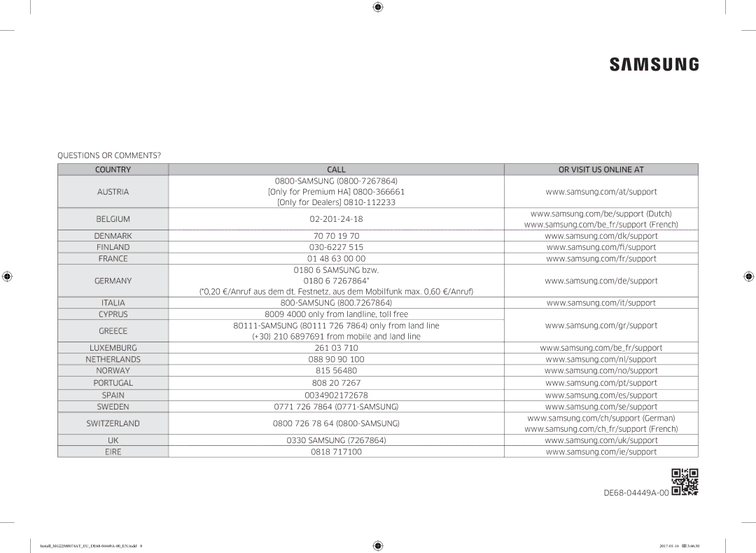 Samsung MS22M8054AK/EF, MS22M8074AT/EF manual Questions or COMMENTS? Country Call Or Visit US Online AT 