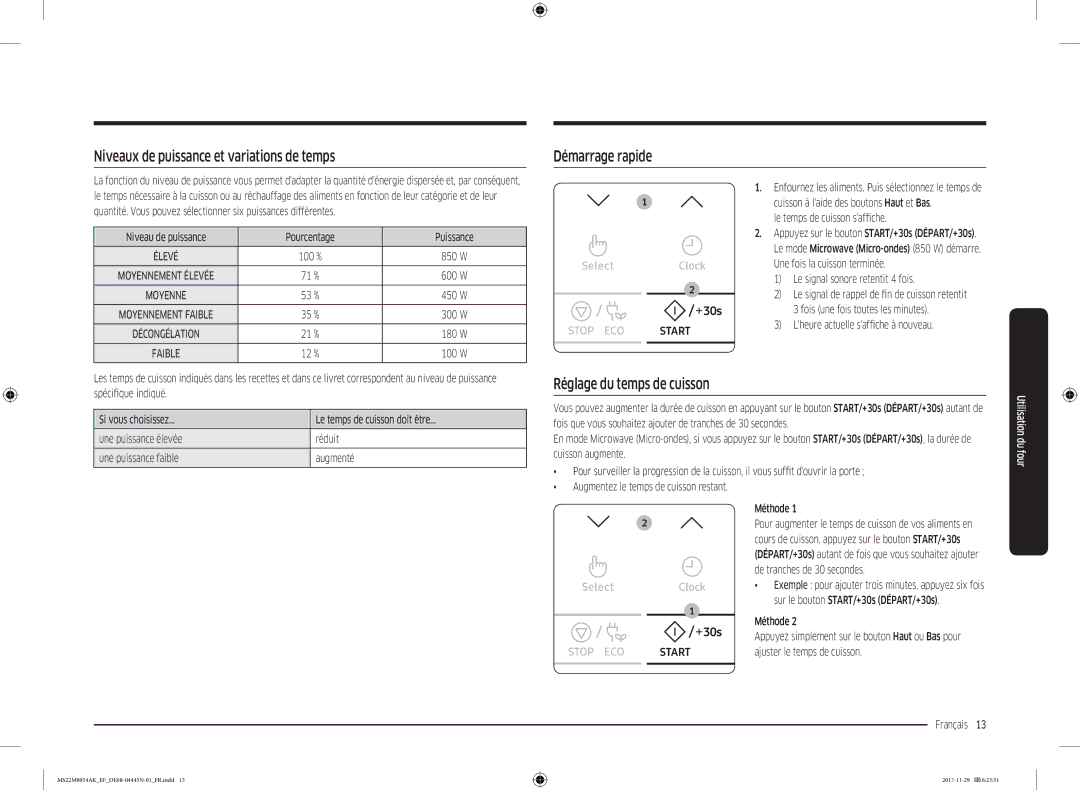 Samsung MS22M8054AK/EF manual Niveaux de puissance et variations de temps, Démarrage rapide, Réglage du temps de cuisson 