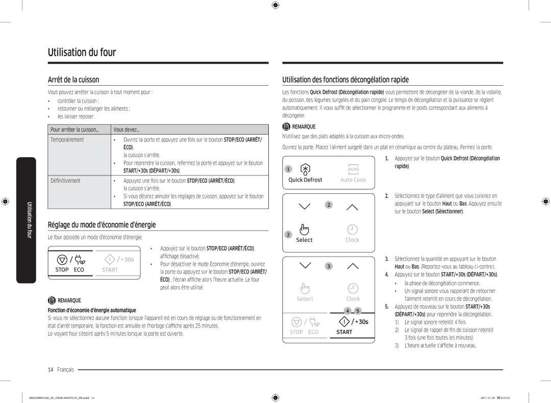 Samsung MS22M8054AK/EF manual Arrêt de la cuisson, Réglage du mode déconomie dénergie 