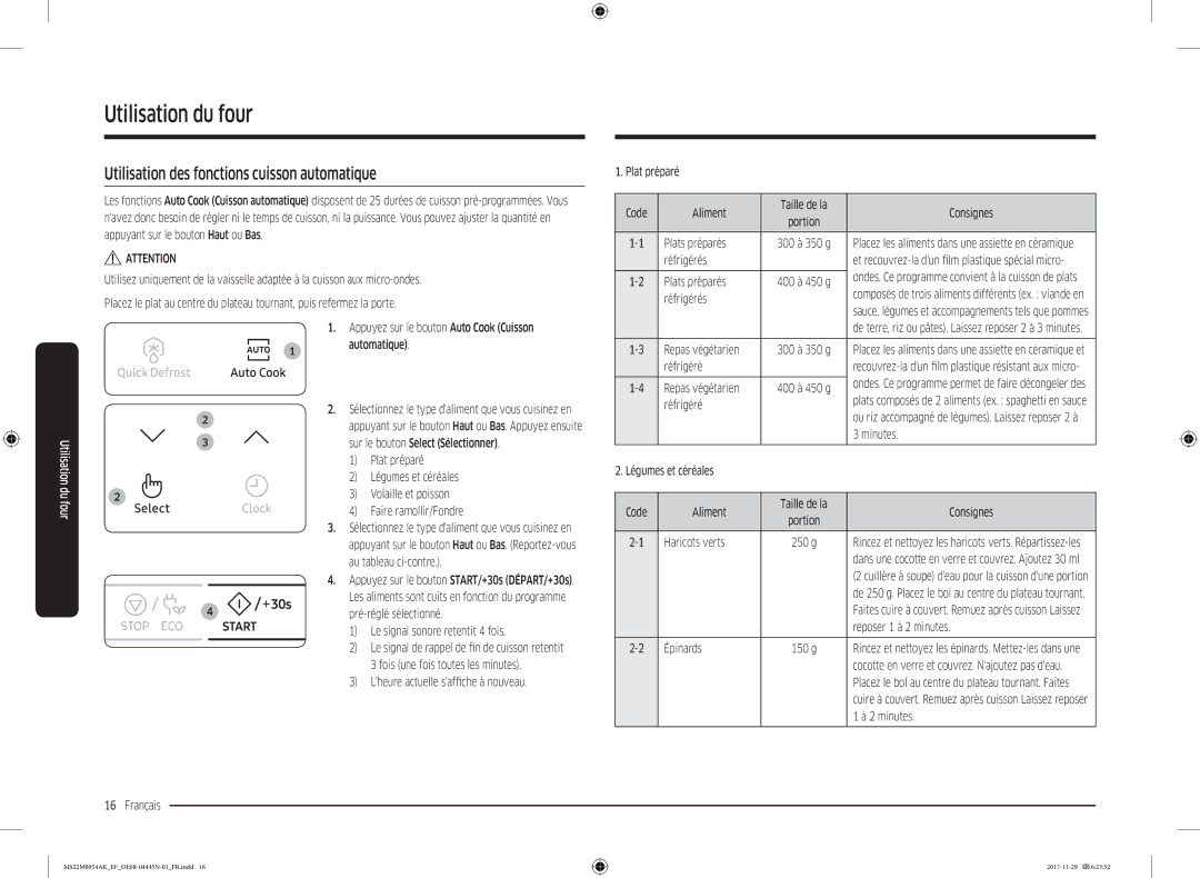 Samsung MS22M8054AK/EF manual Utilisation des fonctions cuisson automatique 