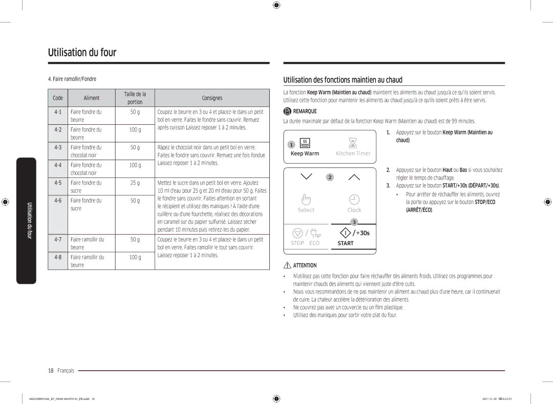 Samsung MS22M8054AK/EF manual Utilisation des fonctions maintien au chaud 