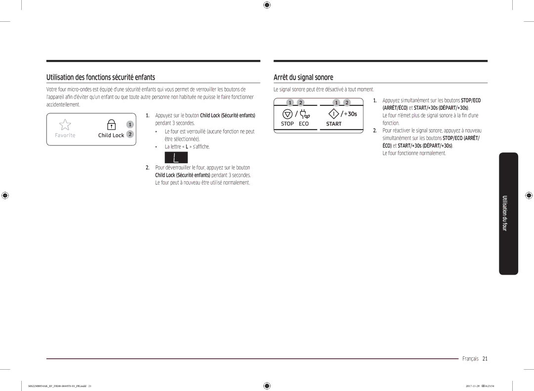 Samsung MS22M8054AK/EF Utilisation des fonctions sécurité enfants, Arrêt du signal sonore, Le four fonctionne normalement 