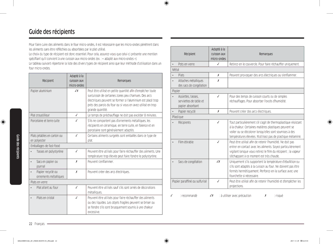 Samsung MS22M8054AK/EF manual Guide des récipients 