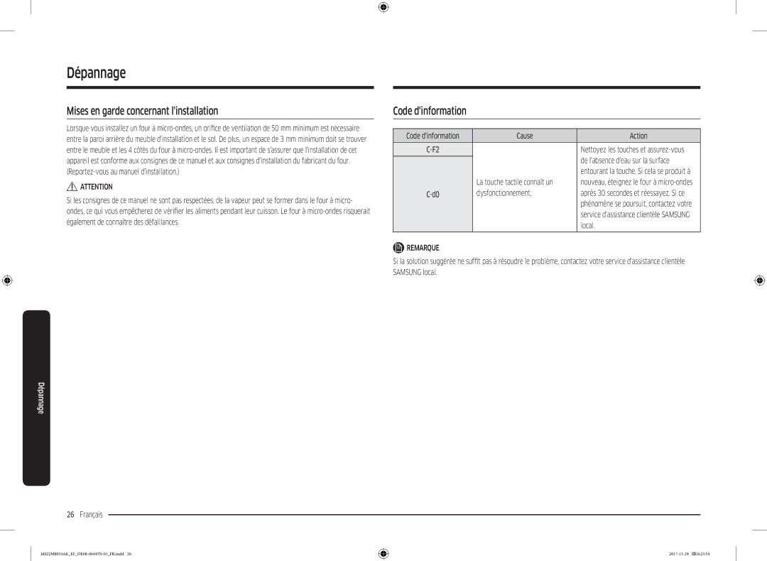 Samsung MS22M8054AK/EF manual Mises en garde concernant linstallation, Code dinformation 