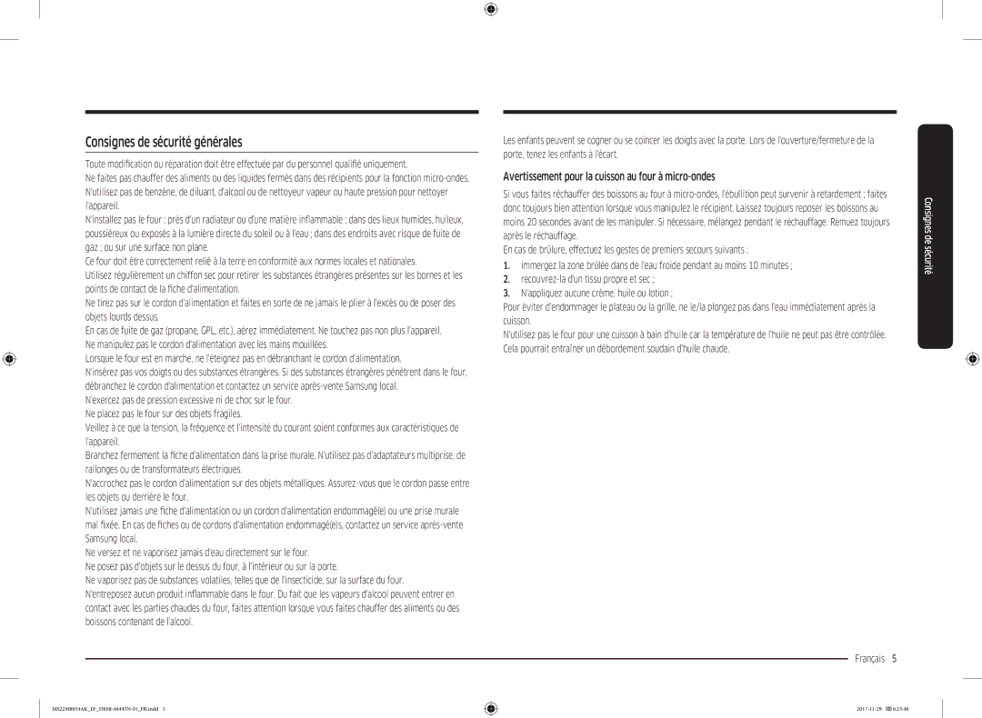 Samsung MS22M8054AK/EF manual Consignes de sécurité générales, Avertissement pour la cuisson au four à micro-ondes 