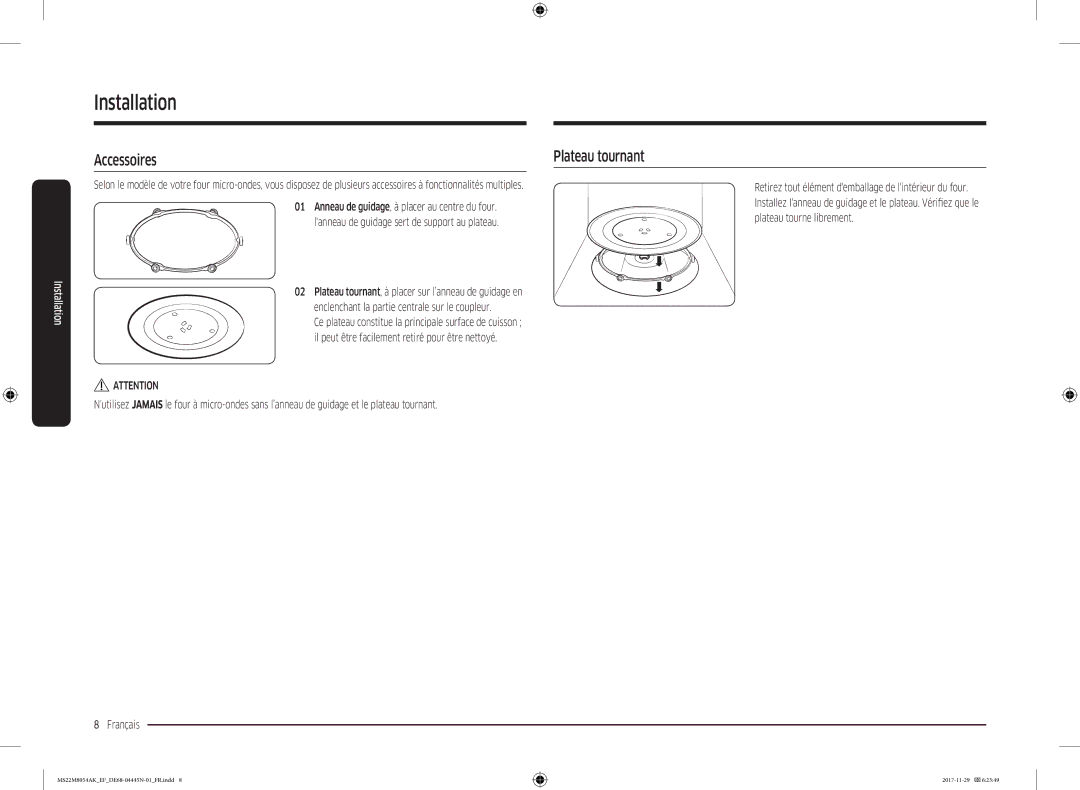 Samsung MS22M8054AK/EF manual Installation, Accessoires Plateau tournant 