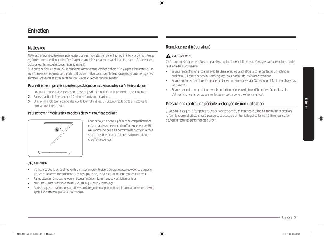 Samsung MS22M8054AK/EF manual Entretien, Nettoyage, Remplacement réparation, Peuvent affecter les performances du four 