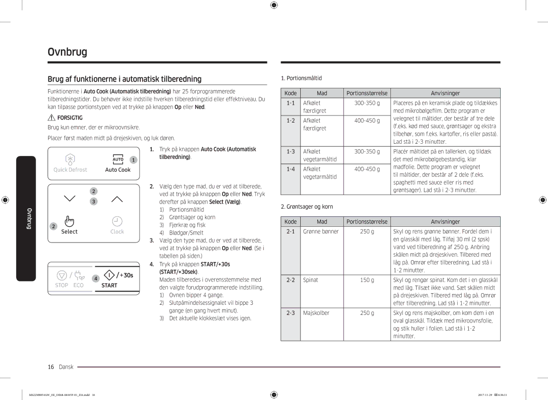 Samsung MS22M8054AW/EE, MS22M8054AK/EE manual Brug af funktionerne i automatisk tilberedning 