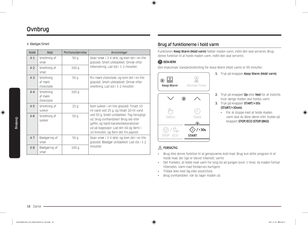 Samsung MS22M8054AW/EE, MS22M8054AK/EE manual Brug af funktionerne i hold varm, Bemærk 