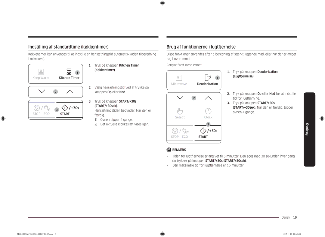 Samsung MS22M8054AK/EE, MS22M8054AW/EE manual Indstilling af standardtime køkkentimer, Brug af funktionerne i lugtfjernelse 