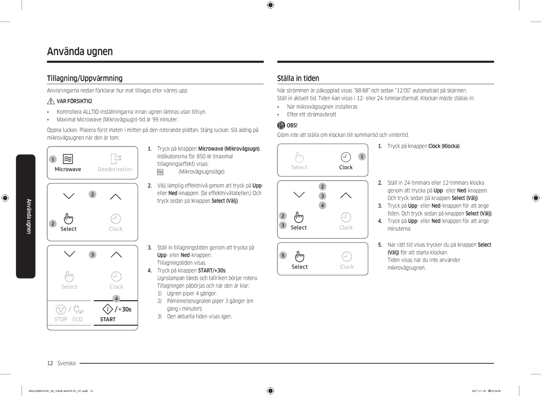 Samsung MS22M8054AW/EE, MS22M8054AK/EE manual Tillagning/Uppvärmning, Ställa in tiden 