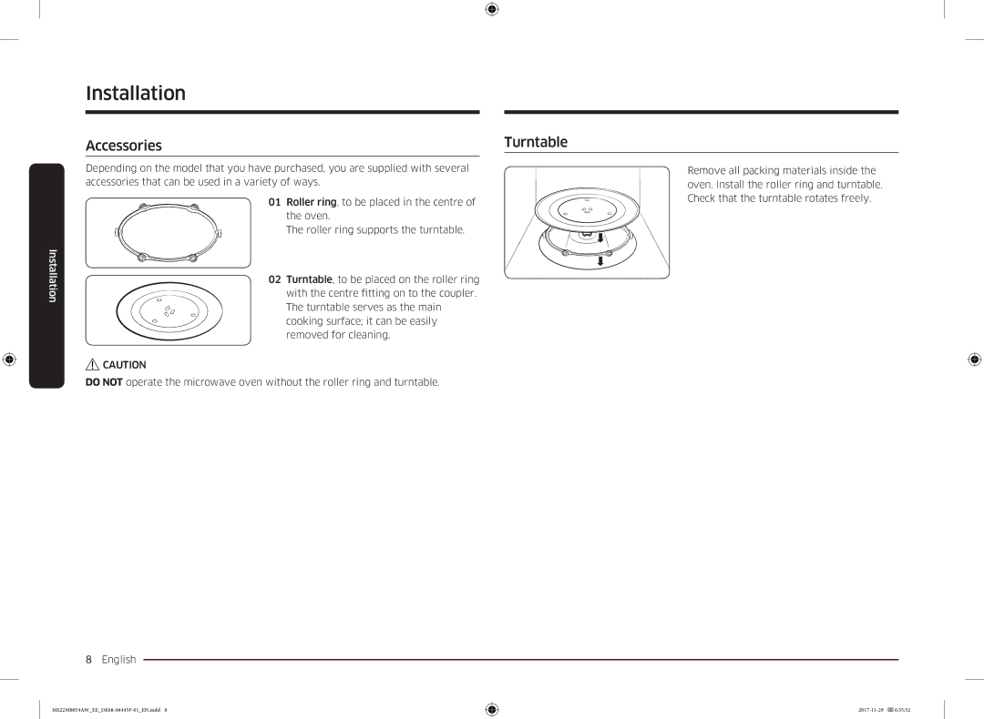 Samsung MS22M8054AW/EE, MS22M8054AK/EE manual Accessories Turntable, Installation 