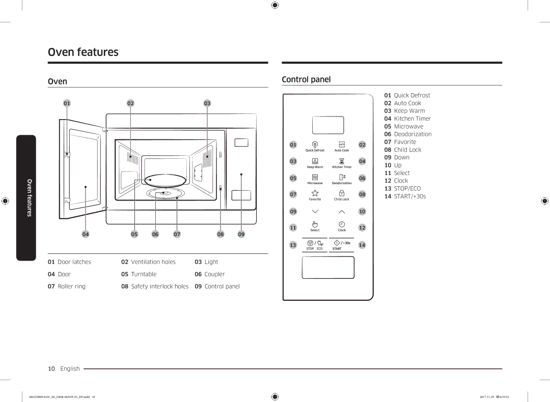 Samsung MS22M8054AW/EE, MS22M8054AK/EE manual Oven features, Oven Control panel, Stop/Eco 