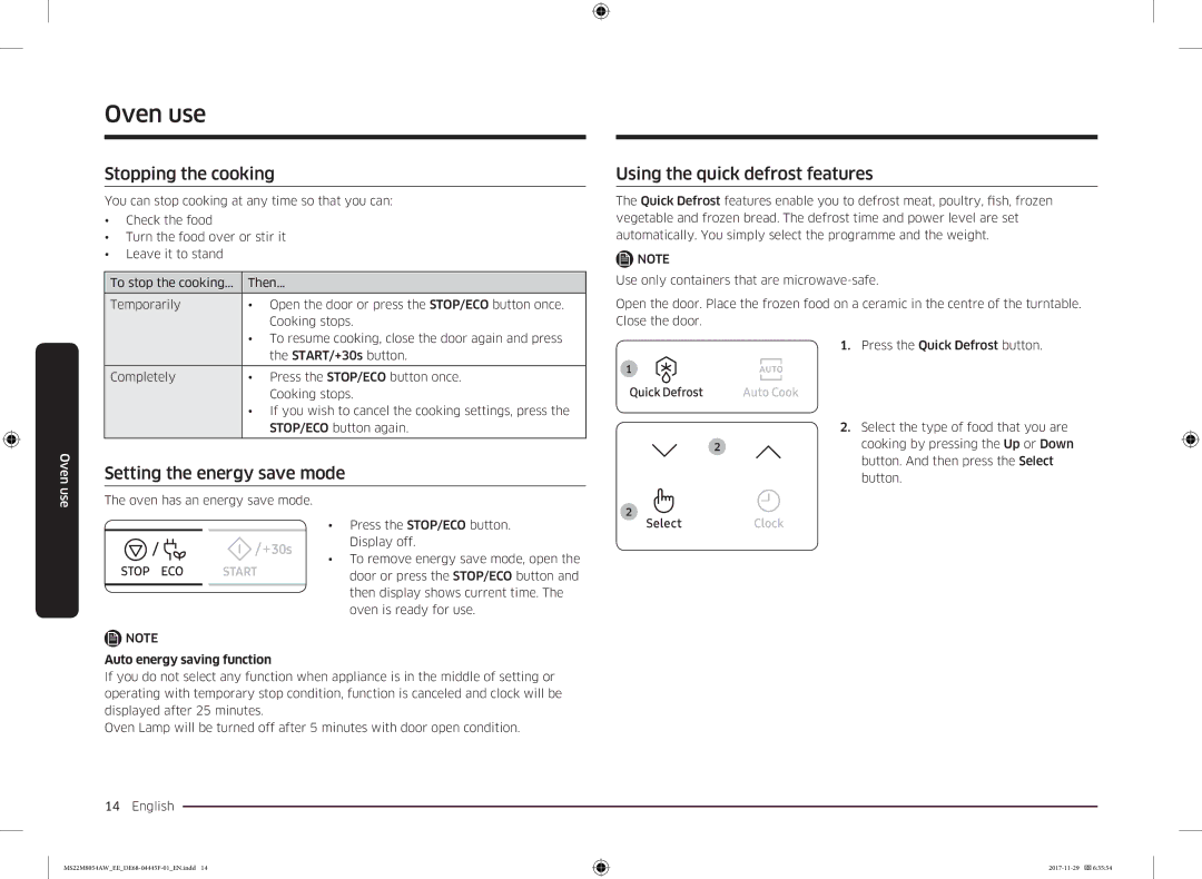 Samsung MS22M8054AW/EE manual Stopping the cooking, Using the quick defrost features, Setting the energy save mode 