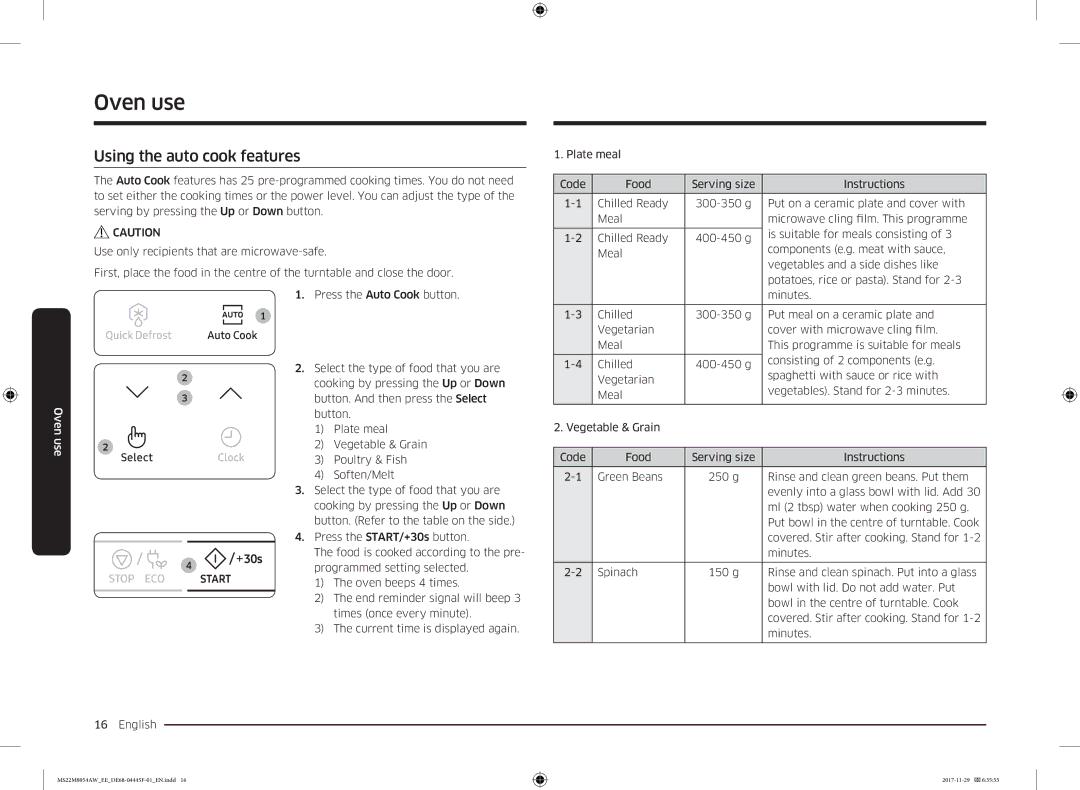 Samsung MS22M8054AW/EE, MS22M8054AK/EE manual Using the auto cook features 