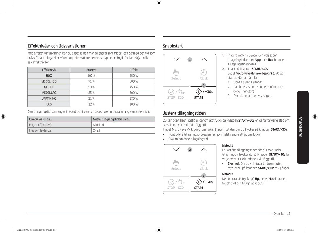 Samsung MS22M8054AK/EE, MS22M8054AW/EE manual Effektnivåer och tidsvariationer, Snabbstart, Justera tillagningstiden 