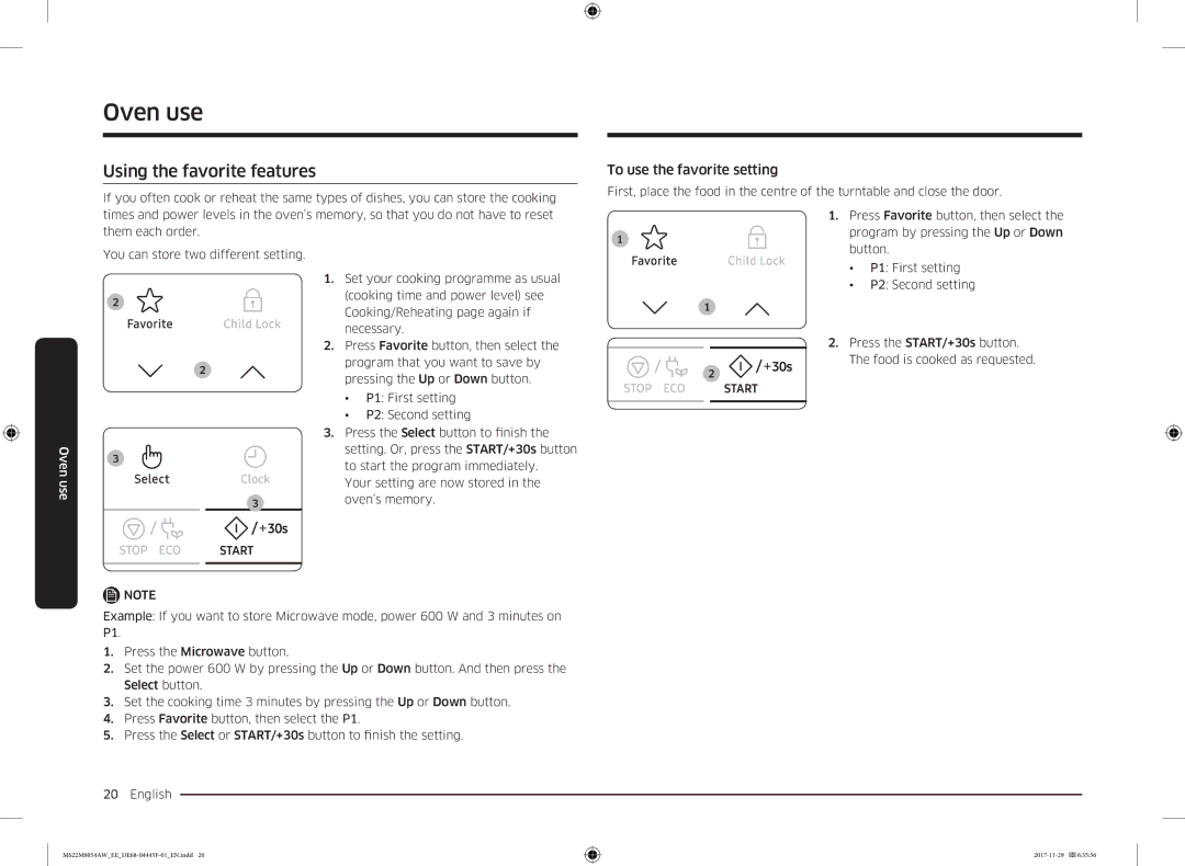 Samsung MS22M8054AW/EE, MS22M8054AK/EE manual Using the favorite features, To use the favorite setting 