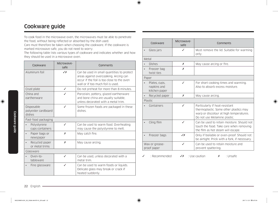 Samsung MS22M8054AW/EE, MS22M8054AK/EE manual Cookware guide 