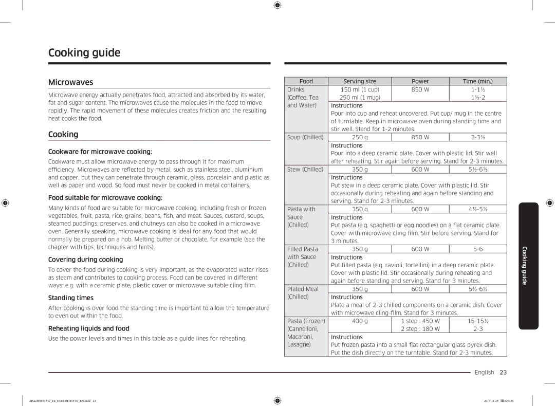 Samsung MS22M8054AK/EE, MS22M8054AW/EE manual Cooking guide, Microwaves 