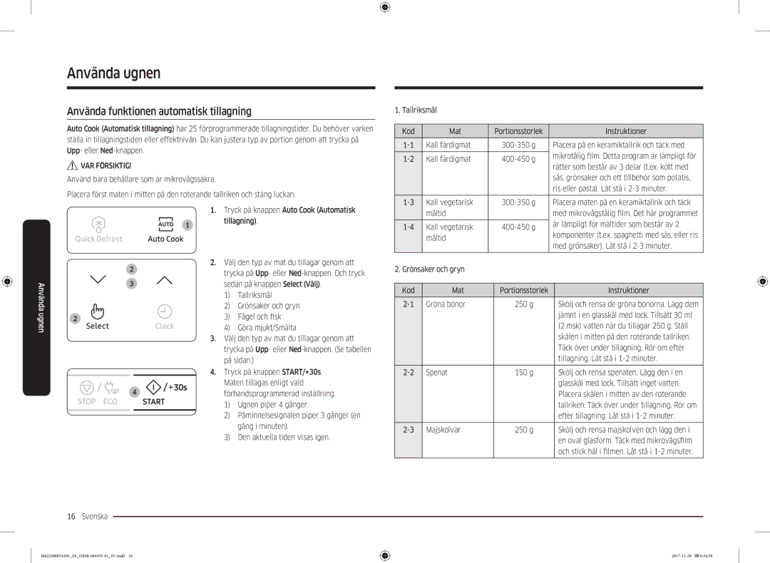 Samsung MS22M8054AW/EE, MS22M8054AK/EE manual Använda funktionen automatisk tillagning 