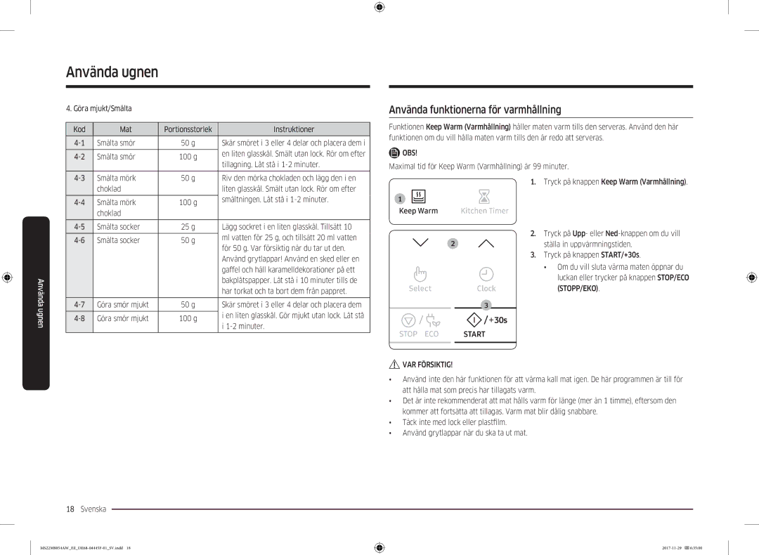 Samsung MS22M8054AW/EE, MS22M8054AK/EE manual Använda funktionerna för varmhållning 