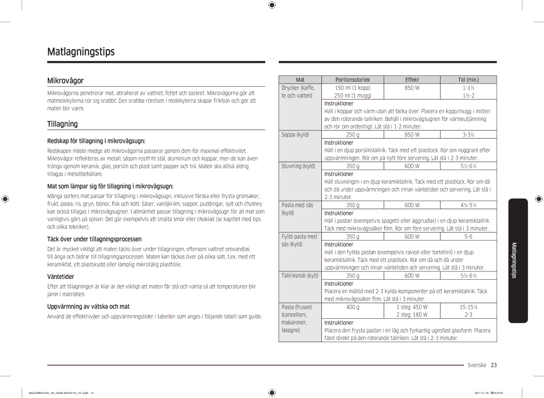 Samsung MS22M8054AK/EE, MS22M8054AW/EE manual Matlagningstips, Mikrovågor, Tillagning 