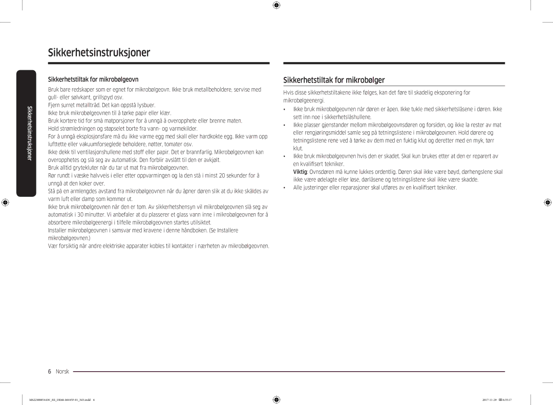 Samsung MS22M8054AW/EE, MS22M8054AK/EE manual Sikkerhetstiltak for mikrobølger, Sikkerhetstiltak for mikrobølgeovn 