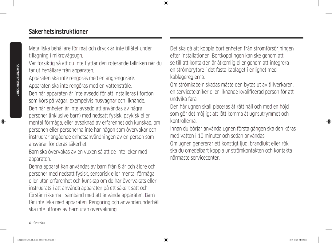 Samsung MS22M8054AW/EE, MS22M8054AK/EE manual Säkerhetsinstruktioner 