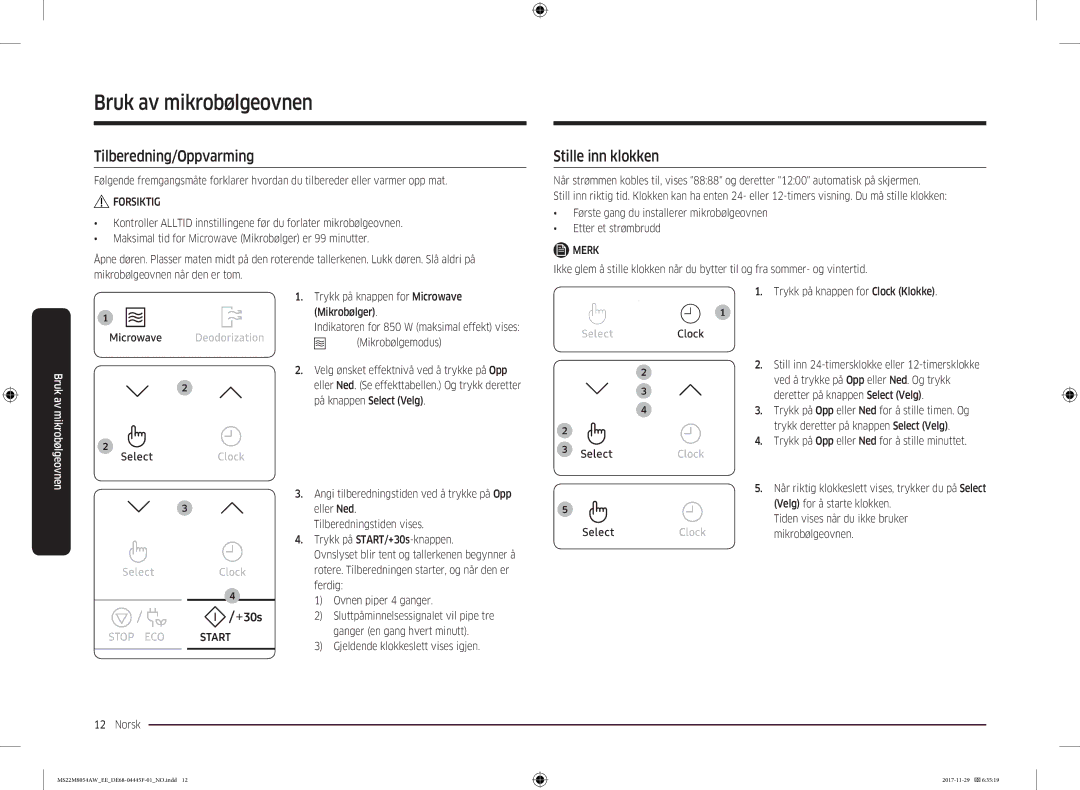 Samsung MS22M8054AW/EE, MS22M8054AK/EE manual Tilberedning/Oppvarming, Stille inn klokken 