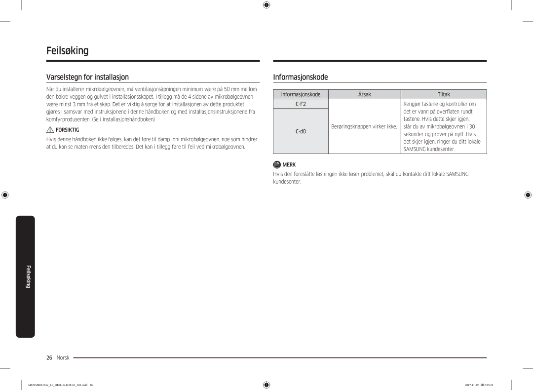 Samsung MS22M8054AW/EE, MS22M8054AK/EE manual Varselstegn for installasjon, Informasjonskode 