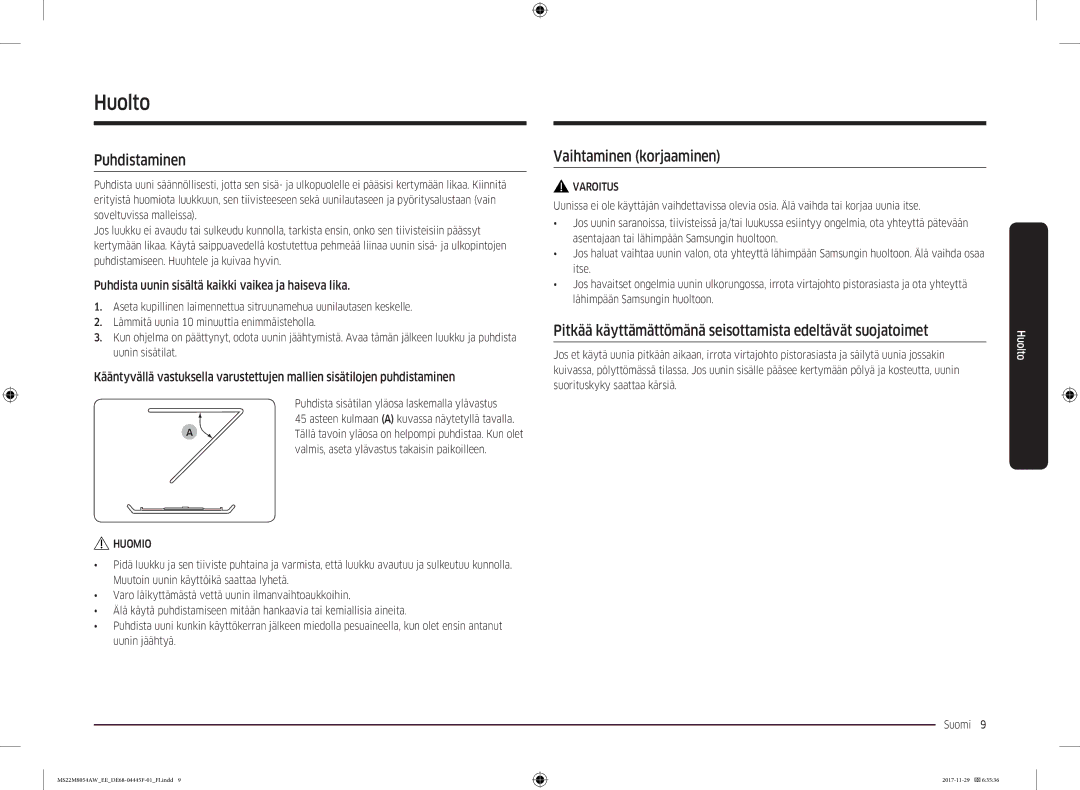 Samsung MS22M8054AK/EE, MS22M8054AW/EE manual Huolto, Puhdistaminen, Vaihtaminen korjaaminen 