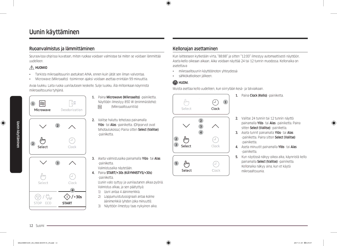 Samsung MS22M8054AW/EE, MS22M8054AK/EE manual Ruoanvalmistus ja lämmittäminen, Kellonajan asettaminen 