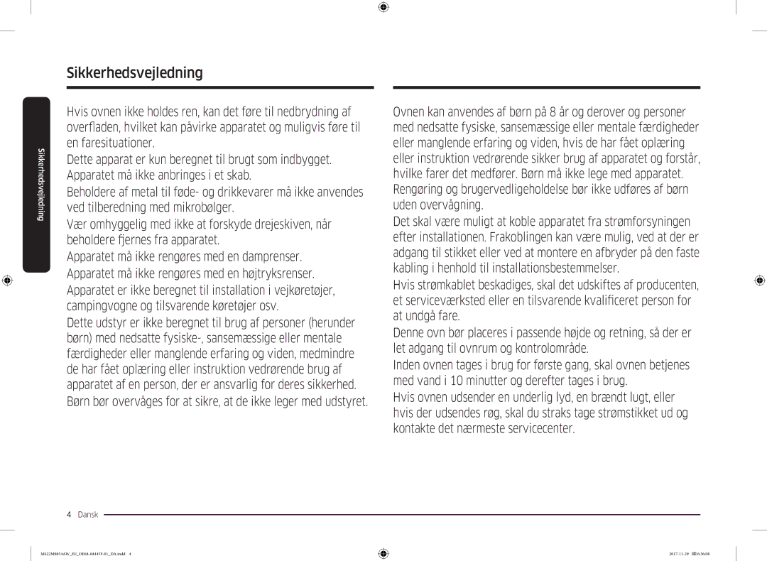 Samsung MS22M8054AW/EE, MS22M8054AK/EE manual Sikkerhedsvejledning 