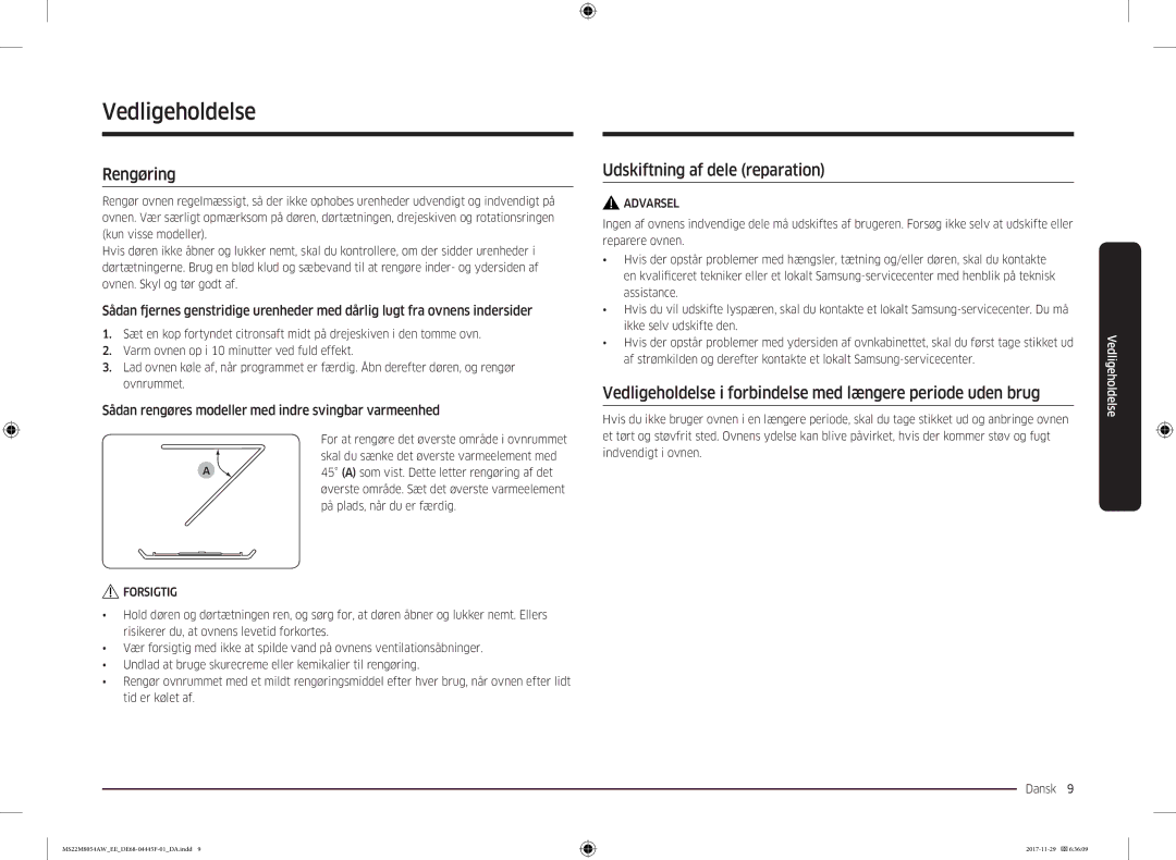 Samsung MS22M8054AK/EE, MS22M8054AW/EE manual Vedligeholdelse, Rengøring, Udskiftning af dele reparation 