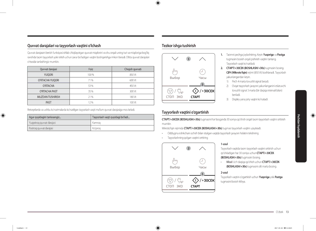 Samsung MS22M8074AT/BW manual Quvvat darajalari va tayyorlash vaqtini olchash, Tezkor ishga tushirish, Usul 