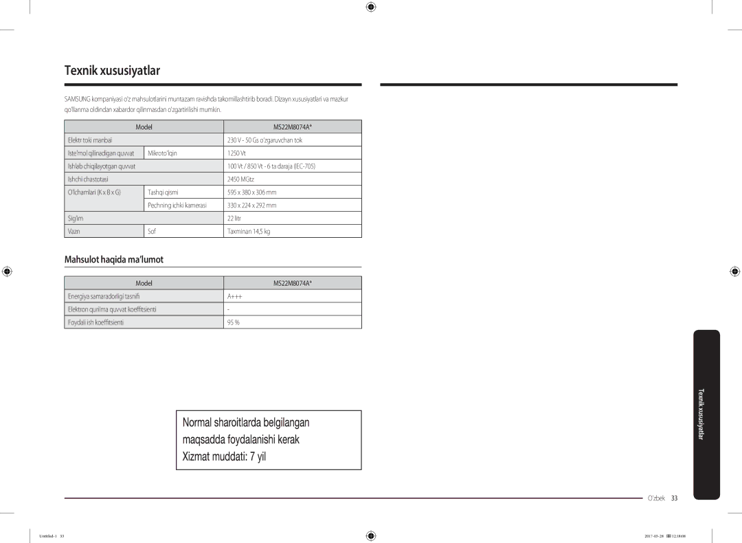 Samsung MS22M8074AT/BW manual Texnik xususiyatlar, Mahsulot haqida ma’lumot 