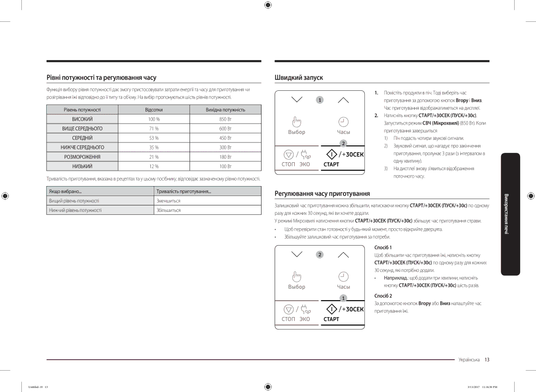 Samsung MS22M8074AT/BW manual Рівні потужності та регулювання часу, Швидкий запуск, Регулювання часу приготування, Спосіб 