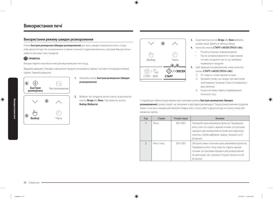 Samsung MS22M8074AT/BW manual Використання режиму швидке розмороження 