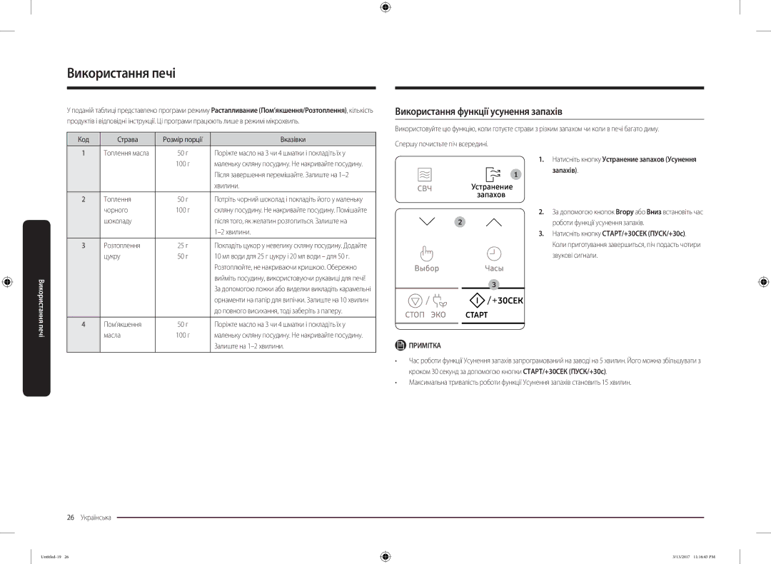 Samsung MS22M8074AT/BW manual Використання функції усунення запахів, Натисніть кнопку Устранение запахов Усунення Запахів 