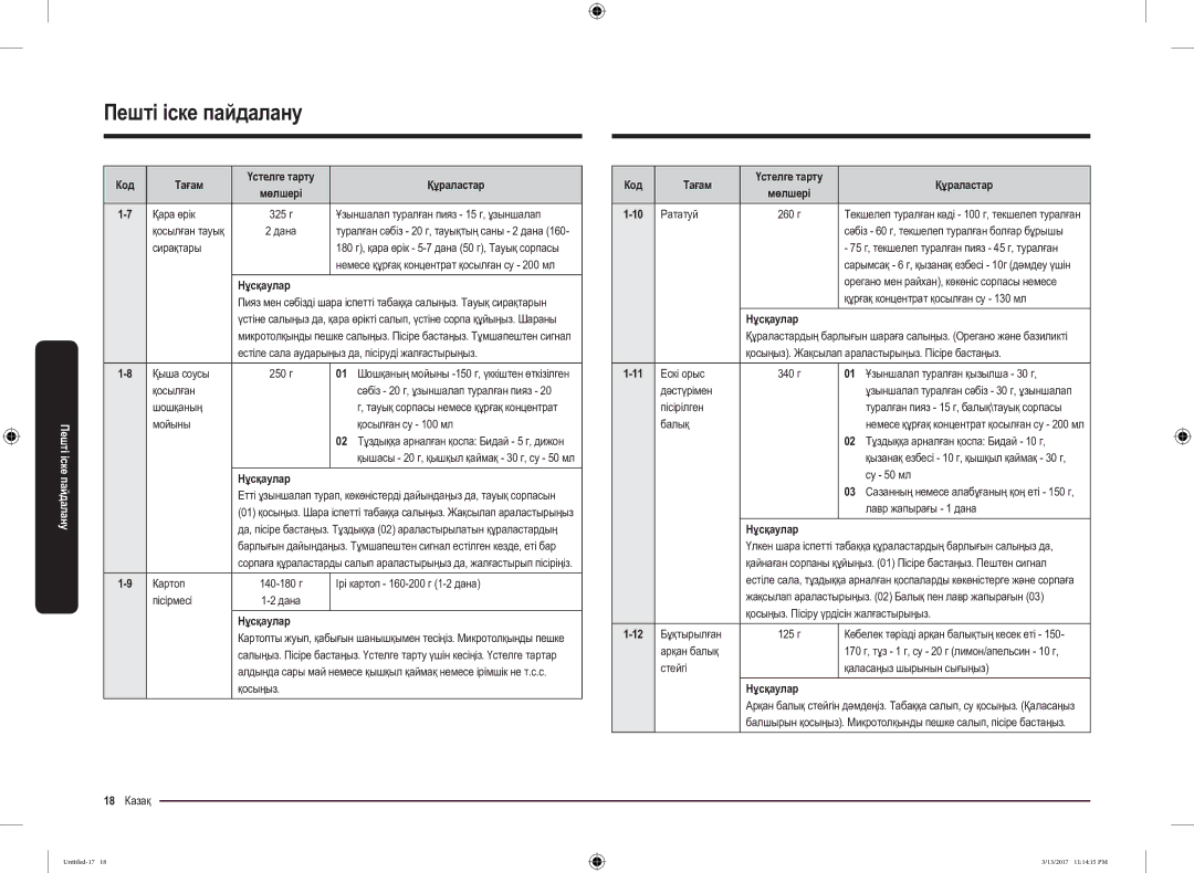 Samsung MS22M8074AT/BW manual Қара өрік, Сирақтары, Қыша соусы 250 г, Шошқаның, Мойыны Қосылған су 100 мл, 18 Казақ, Балық 