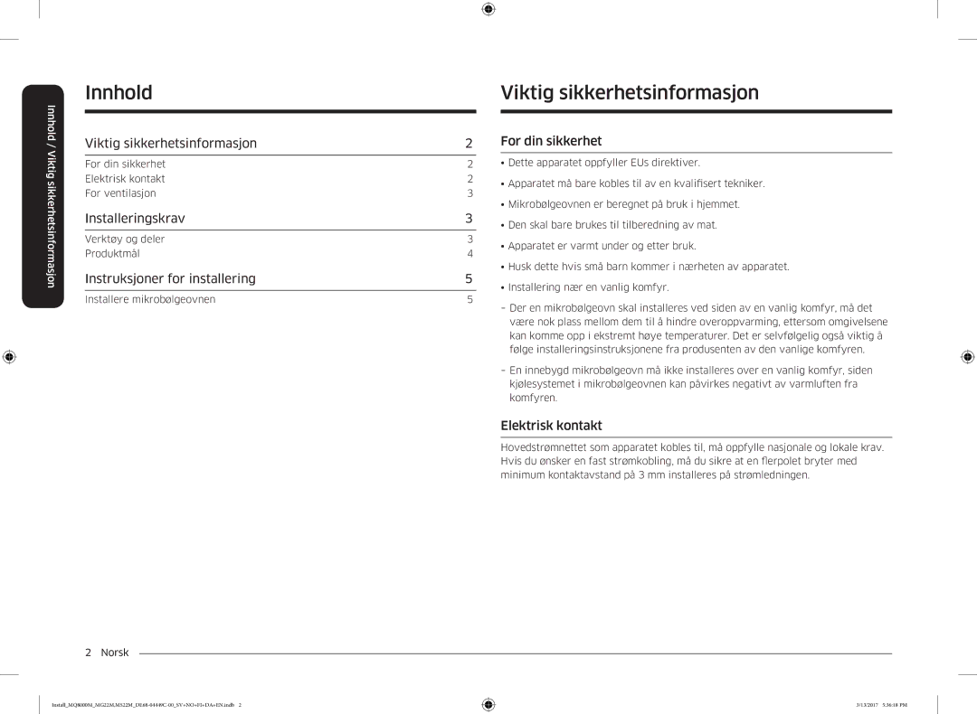 Samsung MS22M8054AW/EE, MS22M8074AT/EE, MS22M8054AK/EE manual Innhold, Viktig sikkerhetsinformasjon 